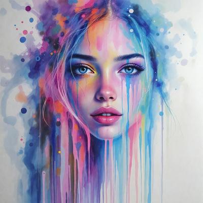 The primary subject of the image is a woman with a colorful, watercolor-style painting of her face. The setting is a colorful background, which complements the vibrant colors of the painting. The visual style is a combination of digital art and illustration, creating a unique and artistic representation of the woman's face. The colors and mood of the image are lively and energetic, with a focus on the woman's beauty and the vivid colors of the painting.